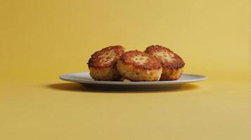 Potato croquettes on a plate on a yellow background. photo