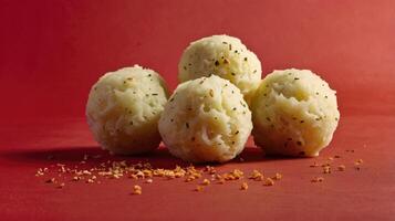 Potato dumplings on red background. Close-up. photo