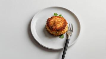 Potato pancakes on a plate with a fork on a white background photo