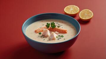 A bowl of Fiskesuppe Creamy Norwegian Fish Soup with lemon and parsley on a red background photo