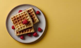Belgian waffles with raspberries on a plate on a yellow background photo