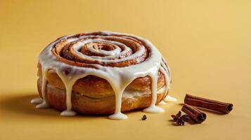 Cinnamon roll with vanilla cream and cinnamon sticks on a yellow background photo