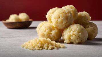 Homemade potato gnocchi on a red background. Selective focus. photo