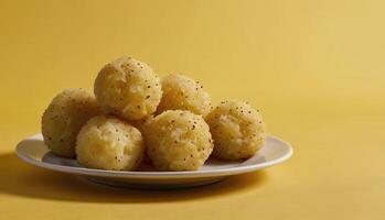 Potato balls on a plate on a yellow background. Close up. photo