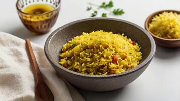 Bowl of delicious pilaf with vegetables and herbs on white table photo