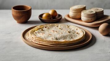Stack of tasty flatbread on table, closeup. Space for text photo