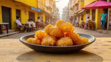 Deep fried potato on the table in the street, india. photo