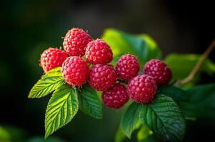 Raspberry branch in garden photo