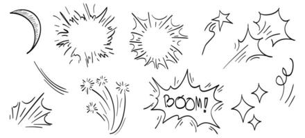 Hand drawn of doodle sparkle, firework, sunburst, explosion on set. doodle emphasis design element vector