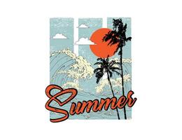 summer illustration with beach waves and palm trees with sun for t shirt print, background, poster and other use vector