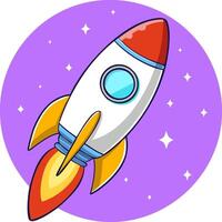 A cartoon style rocket is flying icon illustration, Flying Rocket With Round Circle. Science Technology Icon. vector