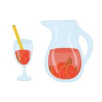 illustration of a decanter with lemonade and a glass goblet. Image of citrus lemonade with fruit slices with a filled glass isolated on a white background. Colored logo. vector