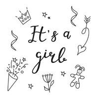 Greeting card for the birth of a Girl. Image of a firecracker and holiday items in doodle style. invitation card template for baby gender reveal party. vector