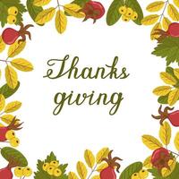 Thanksgiving greeting card with leaves and berries. Colored frame with autumn leaves and text. Botanical illustration with rosehip foliage and berries. vector