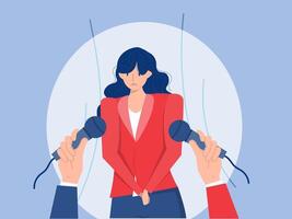 Speaker feeling anxiety,panic and fear Little girl is afraid to speak in front of public and feels embarrassed standing on stage near hands with microphone. vector
