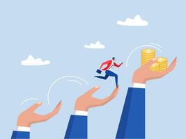 Leader hand helping supporters,businessman jumping up giant hand growth ladder to progress target. giant hands supporting bridge at abyss, Partnership support concept vector