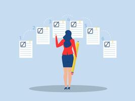 Work focus, woman manage priority task document for efficiency or productivity success, multitasking, organize or planning to finish work concept, vector