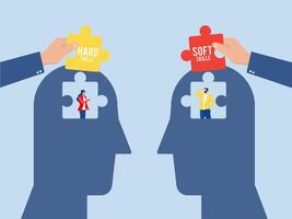 Hand holding two pieces between Hard VS Soft Skills Concept on big head human Idea Development ,Multiple Intelligences Illustration vector