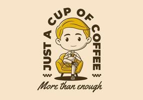 Retro boy character sitting on the sofa and drinking coffee design vector