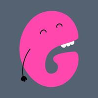 Whimsical funny alphabet in doodle style, colorful uppercase letter G with cute faces and hands. ABC funky bubble design vector