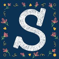 Hand-drawn alphabetical uppercase letter S with chalk texture and decorative elements on a blue background, ideal for educational and creative design projects. vector