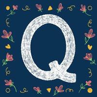 Hand-drawn chalk textured uppercase letter Q with decorative elements on a blue background, ideal for educational and creative design projects. vector