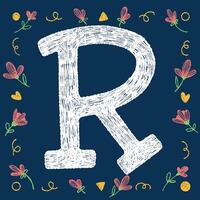 Hand-drawn alphabetical uppercase letter R with chalk texture and decorative elements on a blue background, ideal for educational and creative design projects. vector