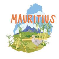 Sugar cane fields with famous Mount Pieter Bot on Mauritius island map background. Dodo bird endemic species of flightless extinct bird raphus cucullatus. landmarks flat style. vector