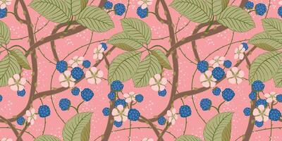 Seamless pattern in the Art Nouveau style for creating textiles, wallpaper, paper. Illustration with intertwined blackberry branches. Berries, leaves and flowers on a soft pink background. . vector