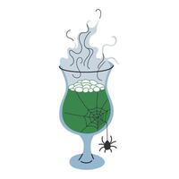 illustration of a spooky Halloween cocktail, bubbling with green liquid in a glass cauldron. Drink adorned with a spider and cobweb, mysterious, eerie vibe. Beverage for Halloween party vector