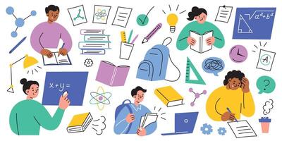 School and education illustrations set in playful, cartoon style. Students studying, reading books, stationery doodles, math science symbols collection. Educational content, learning materials vector