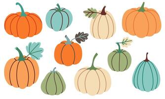Pumpkin set isolated on white. Colorful hand drawn decorative elements for happy Halloween design. Autumn pumpkins in simple flat style. vector