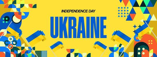 Ukraine Independence Day banner in modern geometric style. Wide banner with typography and also country flag. Background for National holiday celebration party. Happy Independence Day of Ukraine vector