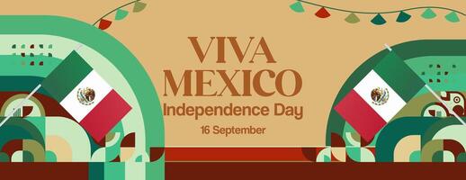mexico nacional día amplio bandera. moderno geométrico resumen antecedentes en vistoso estilo. mexico independencia día saludo tarjeta cubrir con texto y bandera. contento nacional día vector
