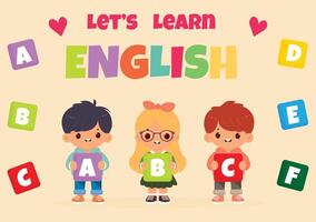 lets learn english text with children holding letters flat design vector