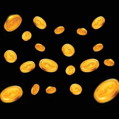Realistic flying gold coin splash, money rain with blurry motion effect.