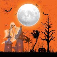 a halloween scene with a spooky castle and a witch on the front vector