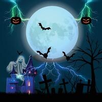 a poster for halloween with bats and a full moon in the background vector