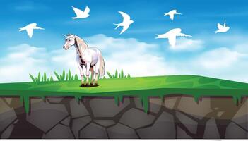 an illustration of a unicorn on a white background with birds flying above it. vector