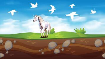 a unicorn is standing on a hill with the birds flying above it. vector