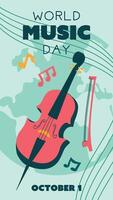 World Music Day poster, , text illustration. Flat illustration with cello, double bass and sheet music for web design. Vertical banner of pink stringed musical instrument on a ground background vector