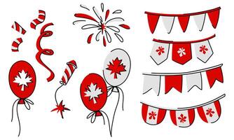 set of flags strung on a string for a holiday, a balloon, confetti, fireworks. Painted in the colors of the Canadian flag red, white with a maple leaf. Ideal for decorating festive events, Canada Day vector