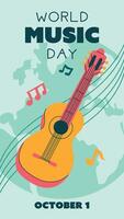World Music Day poster, , text illustration. A flat illustration with guitar and sheet music for web design. Vertical banner of a yellow stringed musical instrument on the ground background vector