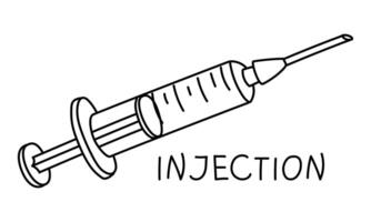 Black and white outline of the syringe with the medicine. illustration, hand-drawn with the inscription injection. An item for the medicinal administration of medicine. An isolated object vector