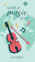 World Music Day poster, , text illustration. Flat illustration with violin and sheet music for web design. Vertical banner of pink stringed musical instrument on a ground background vector
