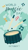 World Music Day poster, , text illustration. A flat illustration of a drum with sticks and notes for web design. Vertical banner of a blue percussion musical instrument on the ground background vector