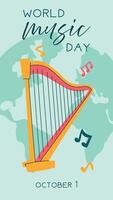 World Music Day poster, , text illustration. Flat illustration with harp and sheet music for web design. Vertical banner of a yellow stringed musical instrument on a ground background vector