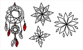 A flat illustration of a dream catcher made in a traditional style with sharp snowflakes instead of feathers. A circle with a web of feathered threads surrounded by sharp snowflakes vector