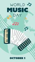 World Music Day poster, , text illustration. Flat illustration of accordion and sheet music for web design. Vertical banner of blue wind keyboard musical instrument on background of the earth vector