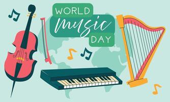 World Music Day, text illustration. A flat illustration for the Music Day banner on October 1st. Suitable for web design, horizontal banner, guitar, drum, harp, flute, trumpet with notes vector